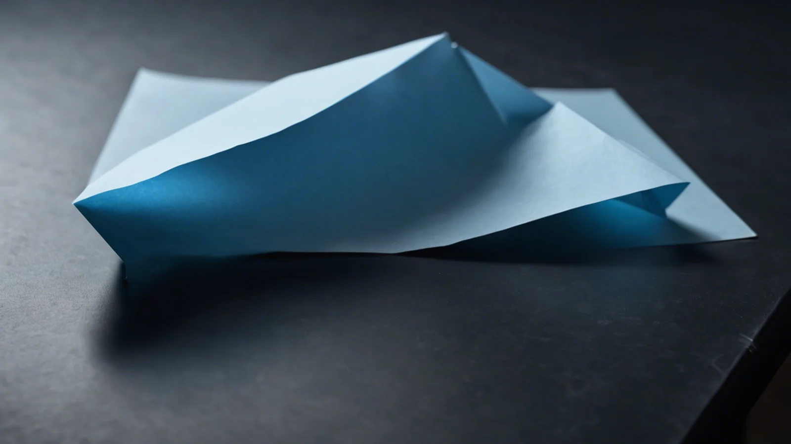 A single sheet of blank pale paper folded over on itself on a dark desk under cold raking light, so that part of the sheet lies hidden beneath the fold.