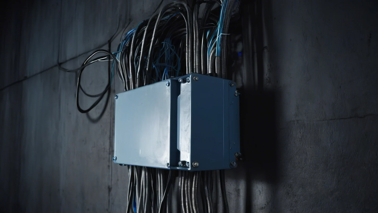 A heavy steel junction box mounted on a dark concrete wall under cold raking light, with dozens of thin armoured cables gathered into it from above and running away below.